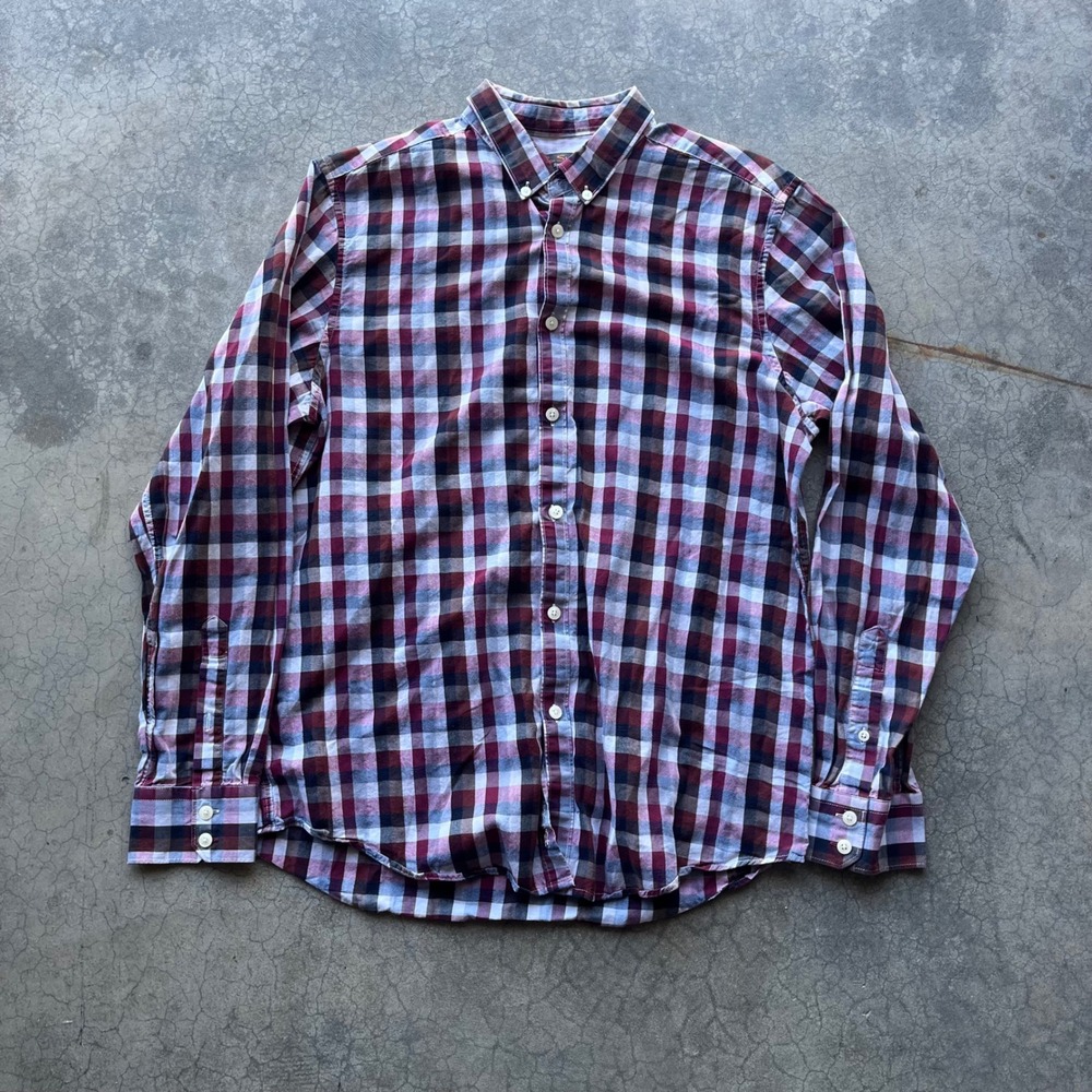 Ben Sherman Mens Large Plaid Button Down Shirt Burgundy Navy Blue Long Sleeve